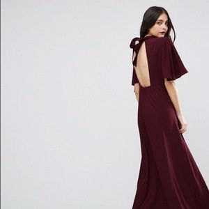 ASOS high neck flutter sleeve dress in Oxblood